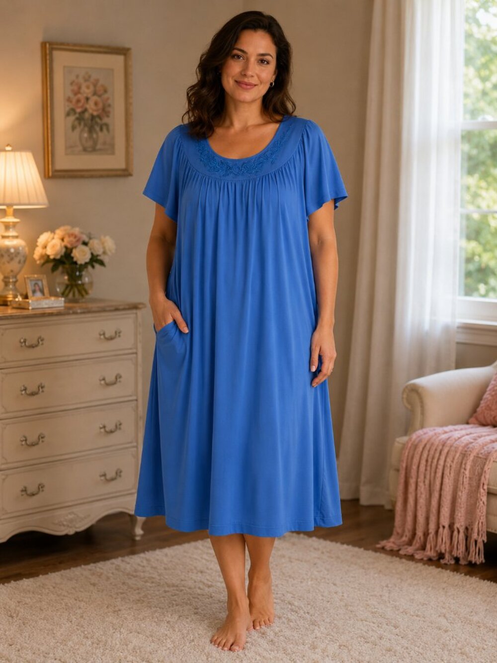 Women's Medium Vintage Blue Nightgown Shadowline w/ lace & embroidered flowers